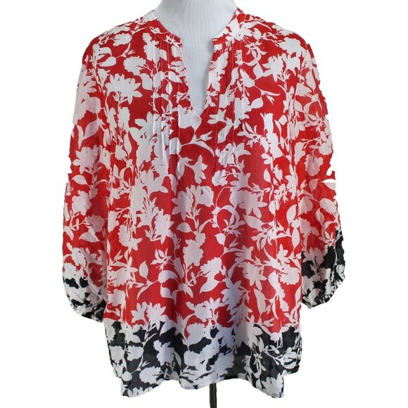 Tommy Bahama Sunset Vista 3/4 Sleeve Top Womens Size L Red Black Silk Blend NEW - Picture 1 of 7